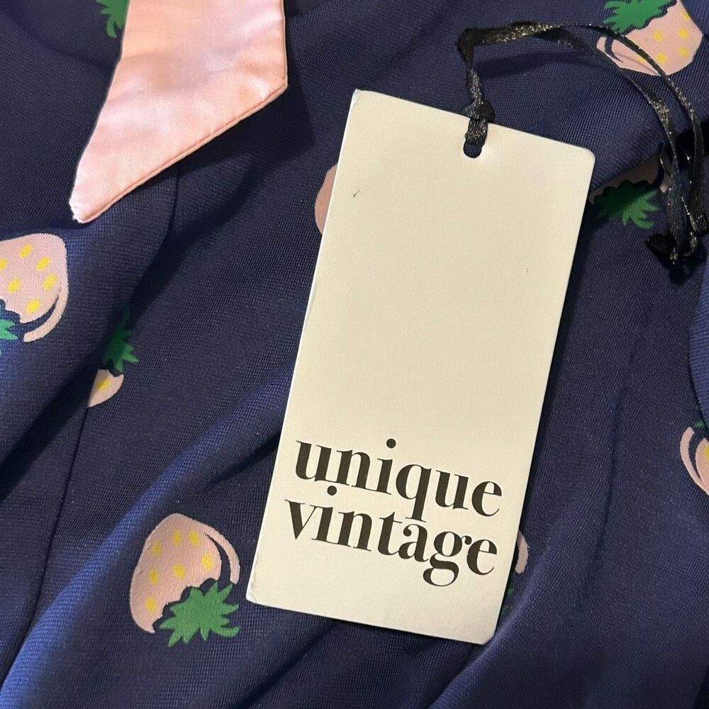 Unique Vintage Retro Inspired 50’s Navy Strawberry Fit & Flare Dress S - Picture 9 of 14